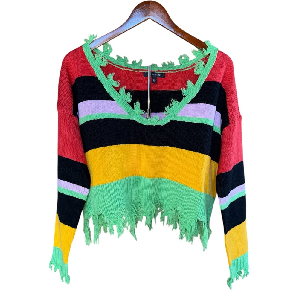 Hers and Mine Multicolor Striped Distressed Sweater Frayed Edges Size Medium